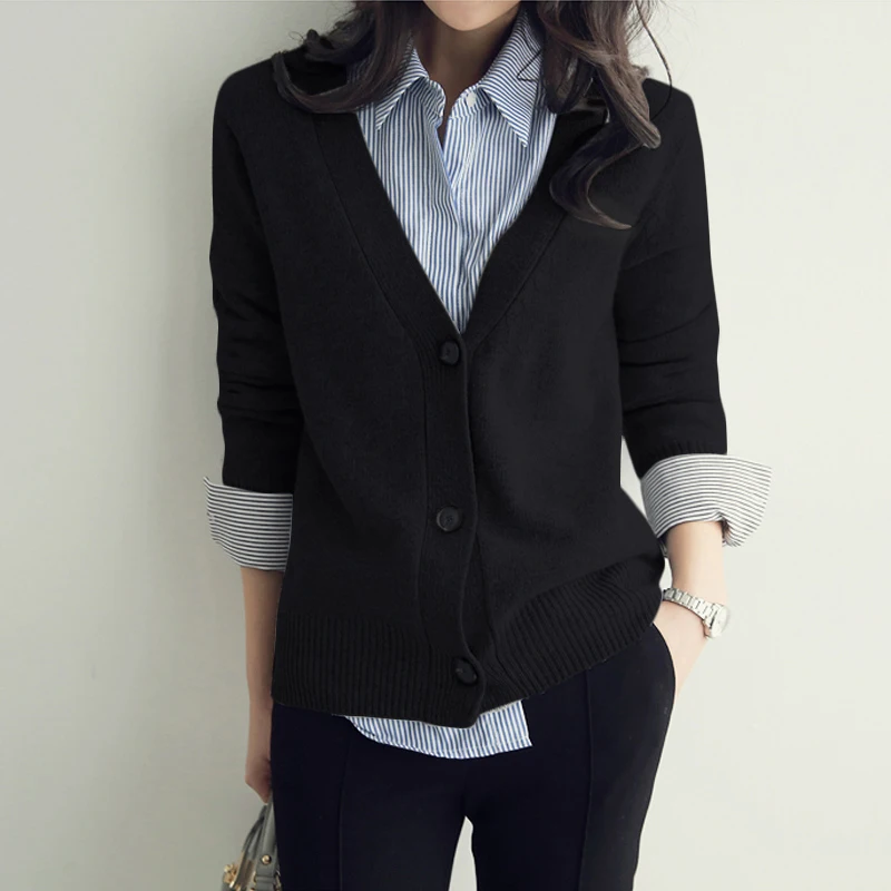 Женский свитер с V образным вырезом Однобортный Теплый кардиган длинным рукавом