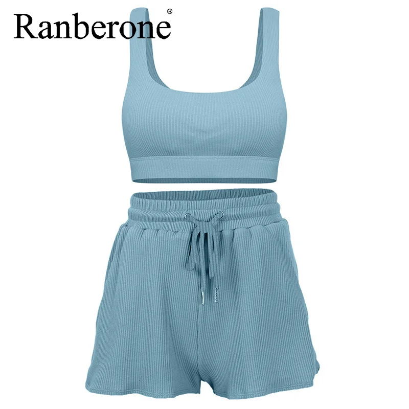 Ranberone 2 Pcs Sports Suits Sexy Summer Yoga Set Women Running Bra + Shorts Solid Color Fitness Clothing Sportswear 2021