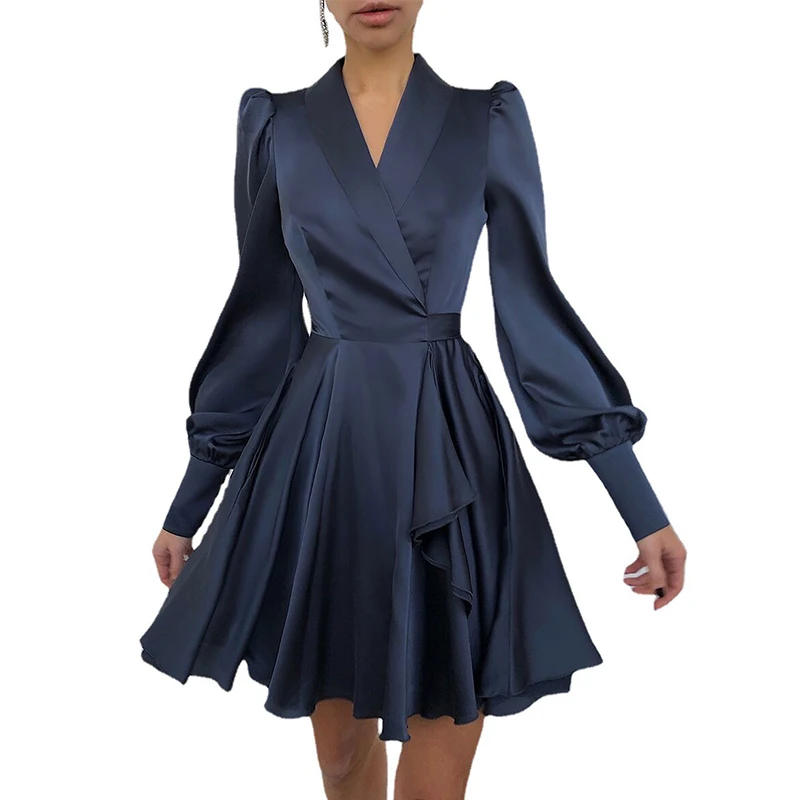 

New Women's Solid Dresses Chic V-neck Long Lantern Sleeve Elegant Mini Dress Female Tide Autumn Fashion Ladies Pleated Vestidos