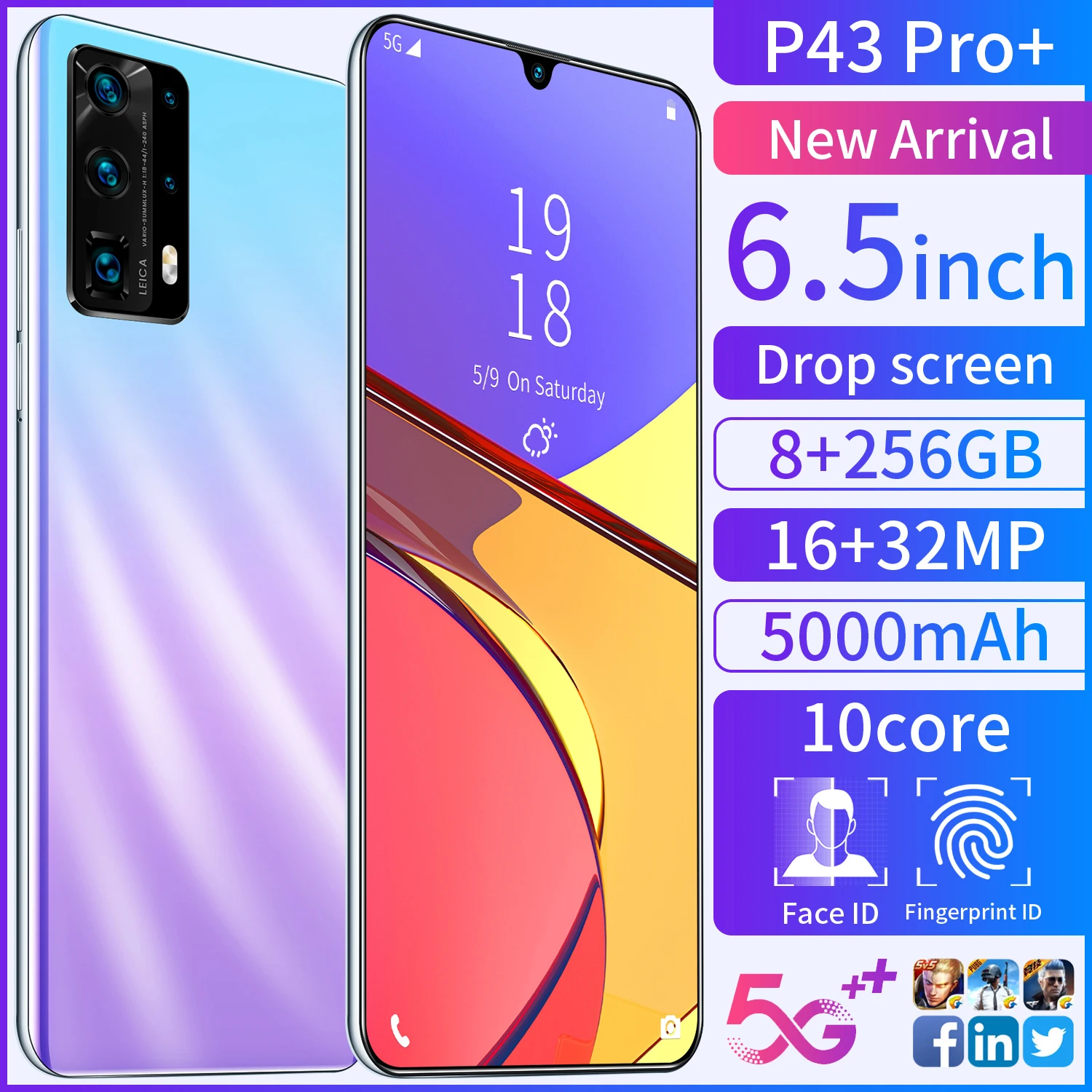 

Global Version Smartphone P43 Pro+ 8GB+256GB 6.5 Inch Full Screen Smartphone 16MP+32MP Camera 5000mAh Cheap Phone Fast Shipping