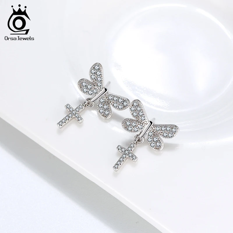 ORSA JEWELS Серебро 925 милые животные бабочка длинные висячие серьги с цирконием AAAA
