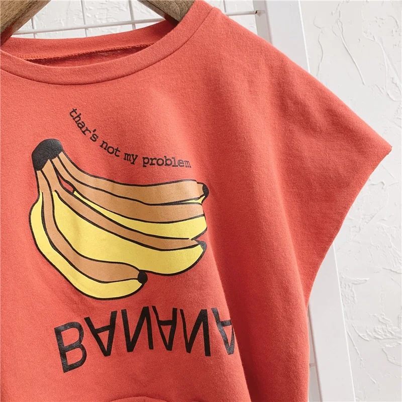 

T-shirt Girl short-sleeved 2021 children's Clothing Banana Letter Print Top Bat Loose Casual Kids Bottoming Shirt 19105