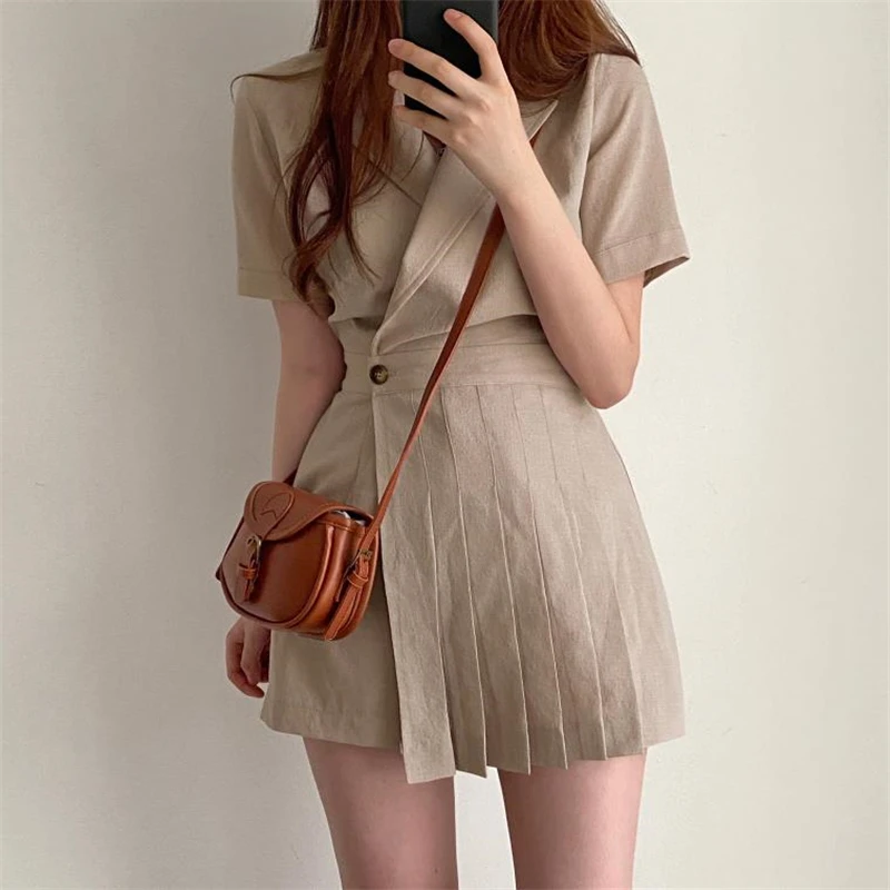 

Summer Women One Button Suit Collar Loose Dress High Waist Pleated Skirt Pants Dress Short Sleeves Female Mini Skirt Lady M384