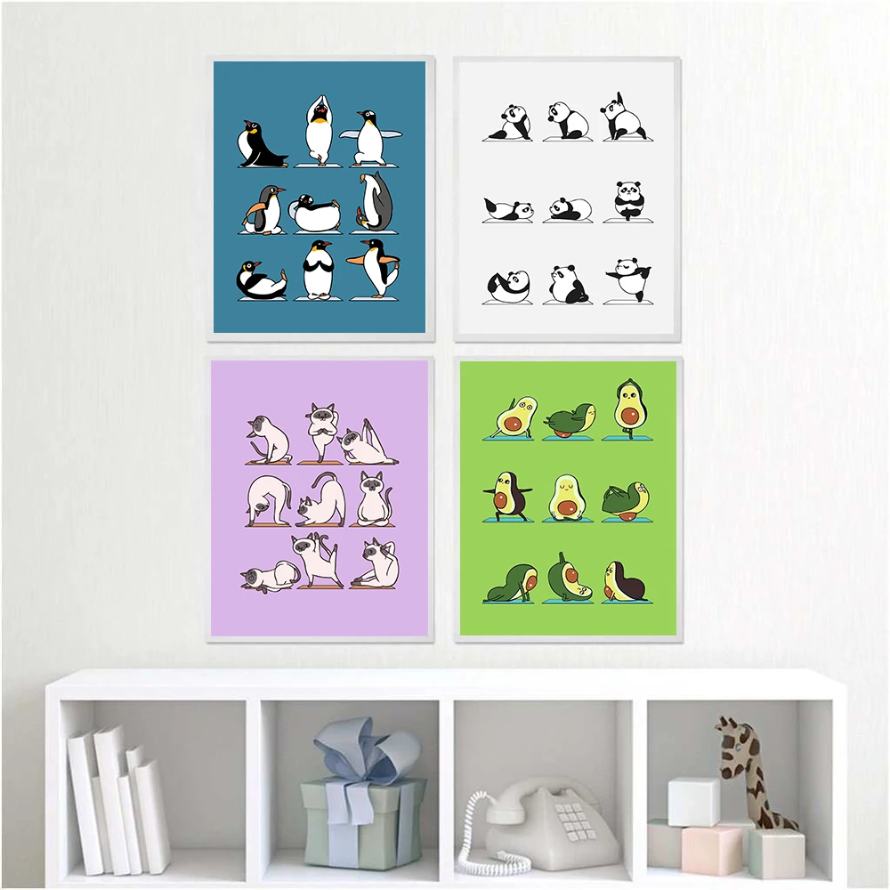 

Yoga Panda Penguin Poster Cute Animal Canvas Painting Siamese Cat Art Print Abstract Wall Picture For Living Room Home Decor