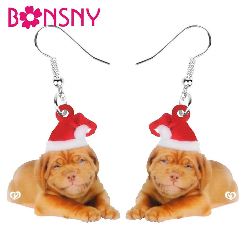 

Bonsny Acrylic Christmas Hat Bulldog Dog Earrings Drop Dangle Sweet Animal Pets Jewelry Women Girls Teens Party Decorations Gift