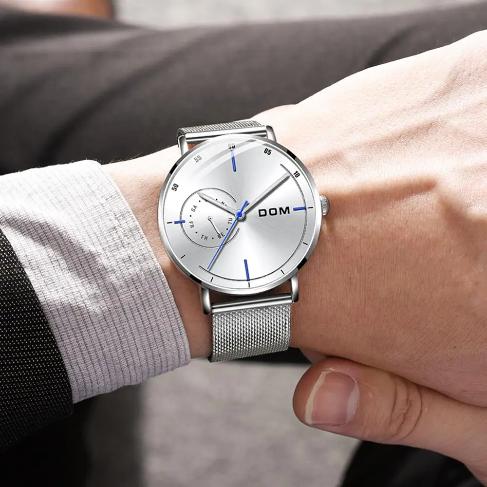 Мужские водонепроницаемые часы DOM с кожаным ремешком тонкие кварцевые