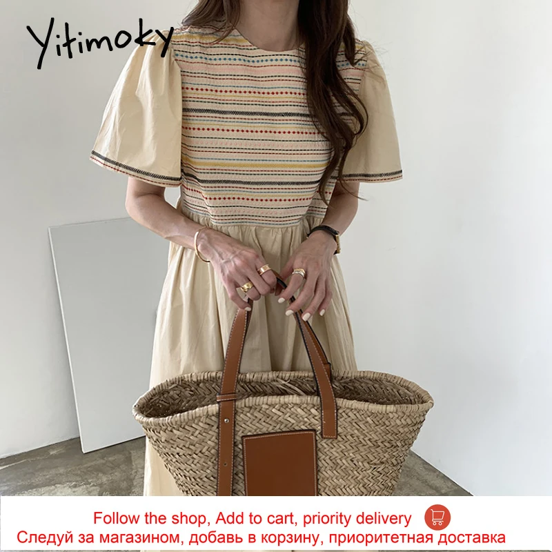 

Yitimoky Embroidery Striped Dresses for Women Loose Puff Sleeve O-Neck A-line Vintage 2021 Summer Long Dress Casual New Fashion