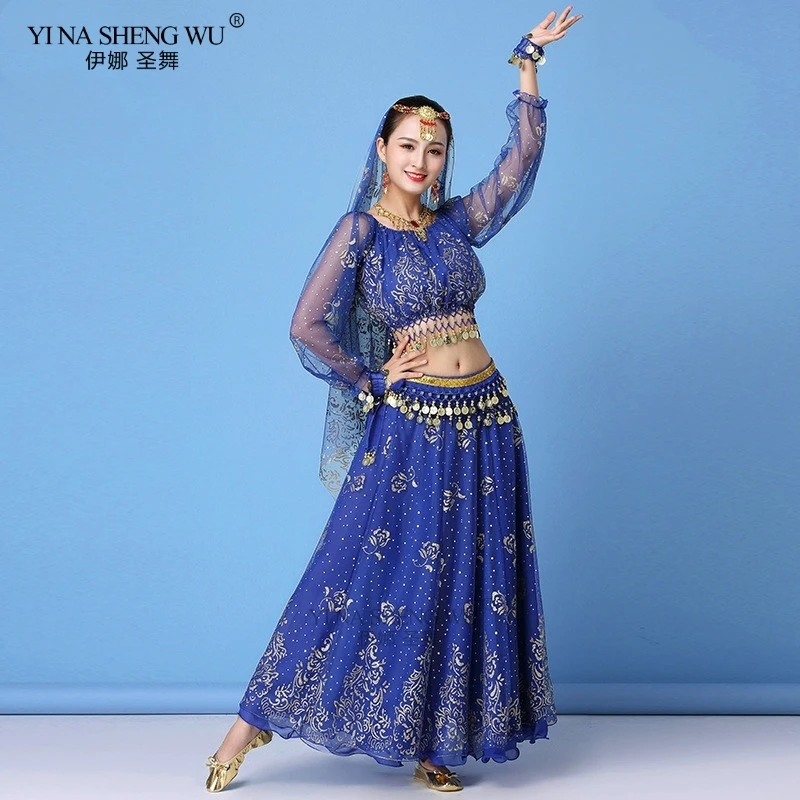 

Bollywood Dress Costume Women Set Indian Dance Sari Belly Dance Outfit Performance Clothes Chiffon Long Sleeve Top+Belt+Skirt