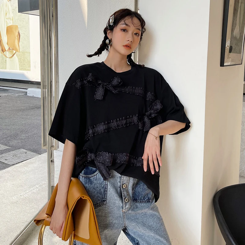 

VGH Casual Patchwork Lace Up Bowknot Tops For Women O Neck Short Sleeve Loose T Shirt Female Fashion New Summer Tide Clothing