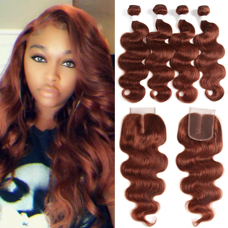 

4PCS Human Hair Bundle With Closure Brown Auburn Brazilian Body Wave Human Hair Weave Bundles 100% Non-Remy Hair Extensions KEMY