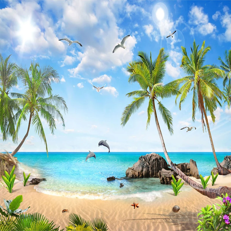 Пользовательские 3D фотообои пляж морской пейзаж Кокосовая настенная живопись