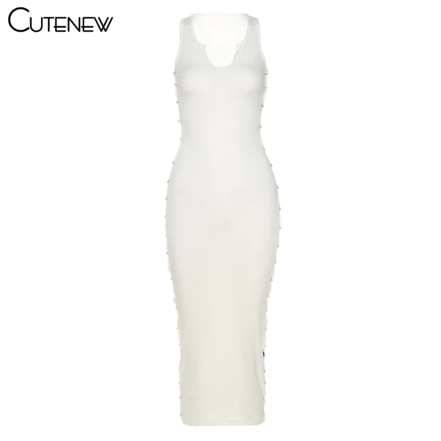 

Cutenew Sexy Hollow Out Knitting Maxi Dress For Women Clothing Summer Sleeveless O-Neck Streetwear Solid Skinny Lady Dresses Hot