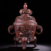 10chinese folk collection old purple bronze mosaic gem elephant elephant head binaural three legged incense burner town house