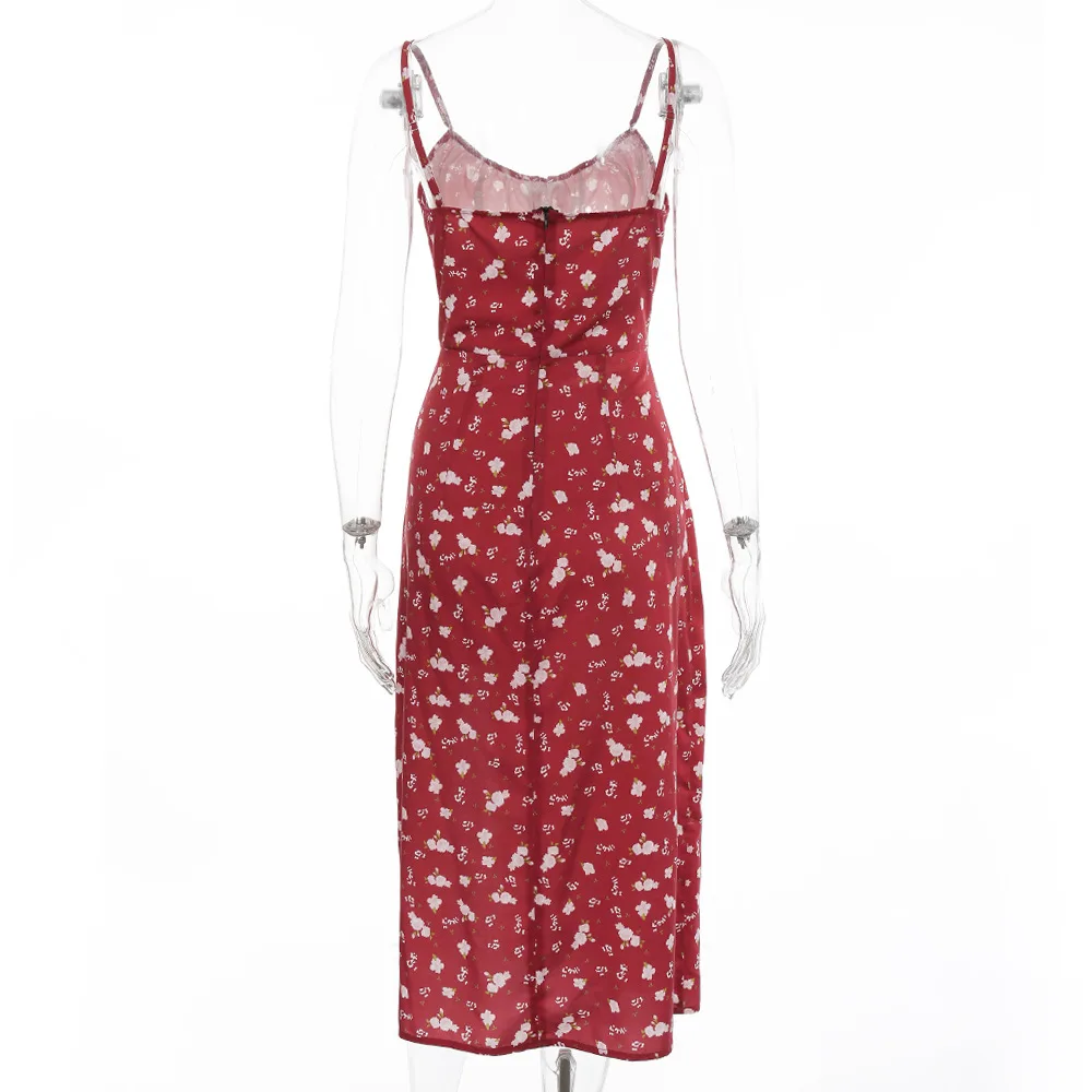 

2021 Sexy dress women summer floral dresses vintage midi dress strapless party dresses backless spaghetti strap dress split chic