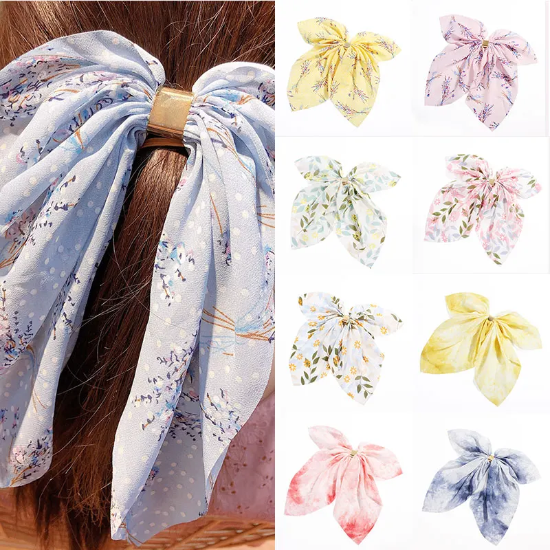 Большой бант шифоновые длинные ленты с принтом резинки для волос металлические