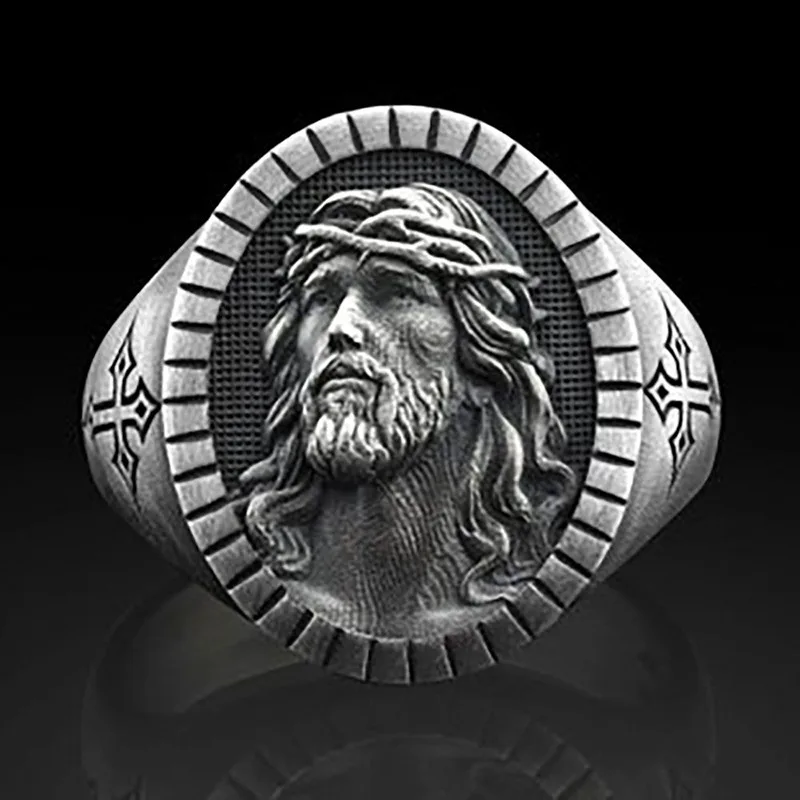 

Men's Jesus Oxidized Ancient Silver Colour Ring Retro Cross Punk Man Gothic Faith Gift Jewelry