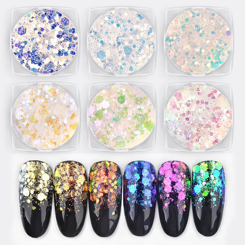 

1 Box Aurora Unicorn Nail Glitter Chunky Sequins Ultra-thin Mermaid Hexagon Flakes Powder 3D Sparkling Nail Art Decorations