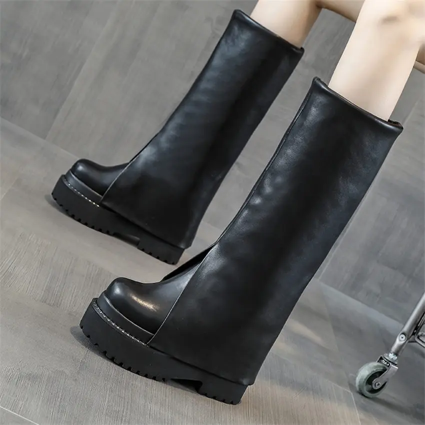 

Military Motorcycle Platform Shoes Women's Cow Leather Round Toe Knee High Boots Platform Wedge High Heels Creepers Goth Pumps