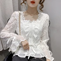 solid color 2021 spring autumn long sleeve ladies tops new korean version lace shirt top small femininas women shirt 10f