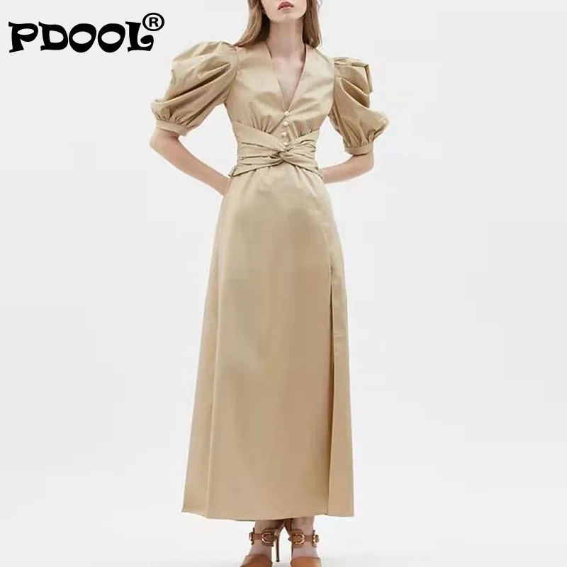 

Женское ажурное платье-макси с V-образным вырезом, коротким рукавом-фонариком и высокой талией, зеленое платье с разрезом сбоку, лето 2021