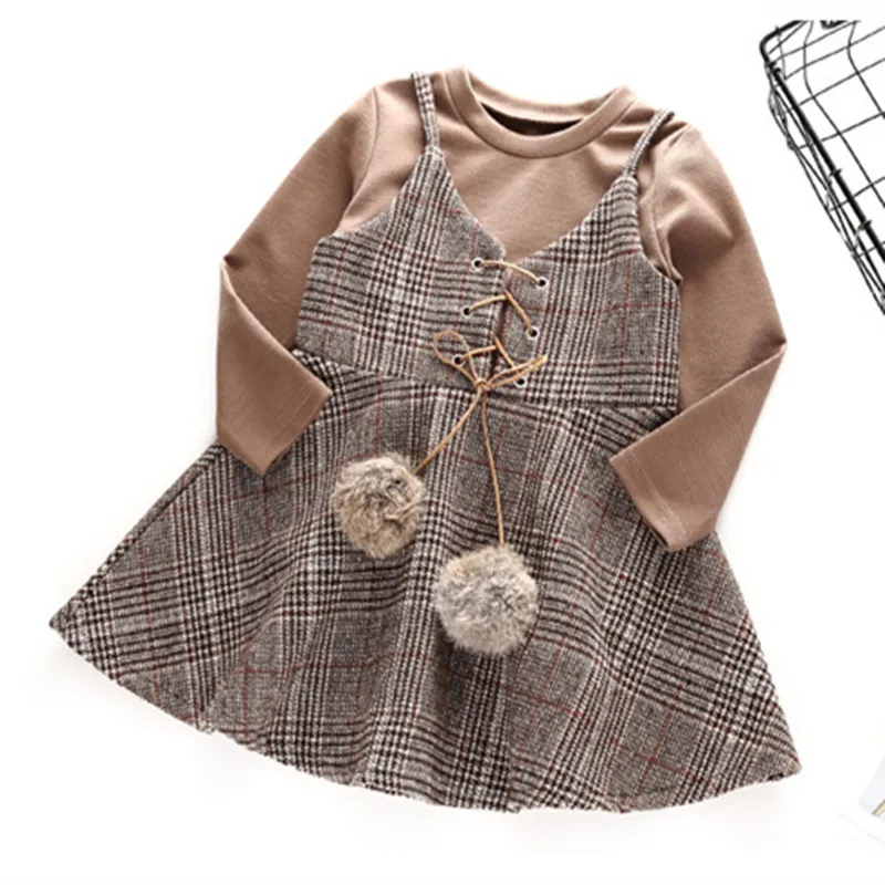 

Girls' Autumn Korean dress long sleeve T-shirt + Plaid suspender skirt two-piece children's wear kid clothing
