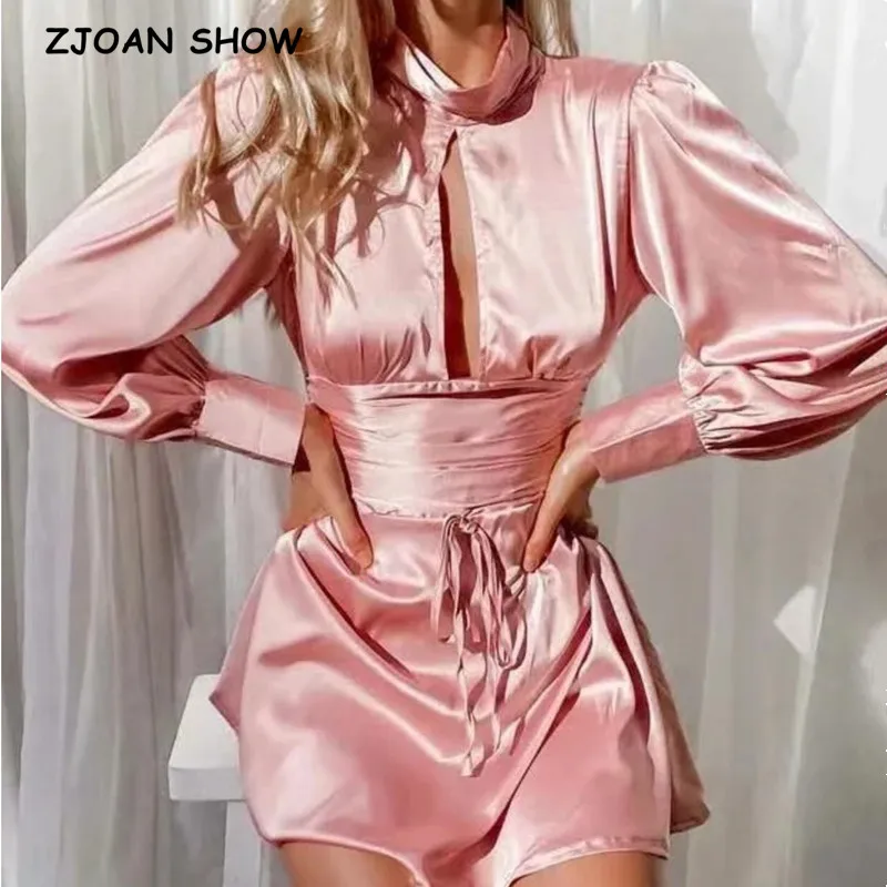 

Женское атласное платье, элегантное плиссированное платье с разрезом, открытой спиной, высоким воротником и бантом на талии, 2021