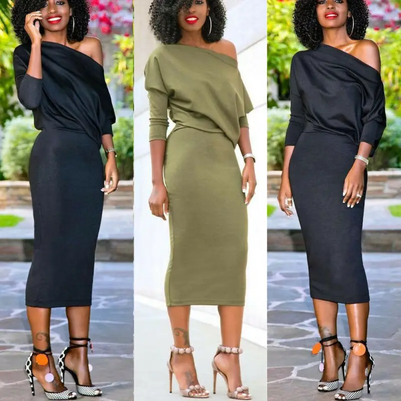 2020 Newest Hot Women's Casual Long Sleeve Off Shoulder Pencil Dress Bandage Bodycon Evening Party Solid Black Green | Женская