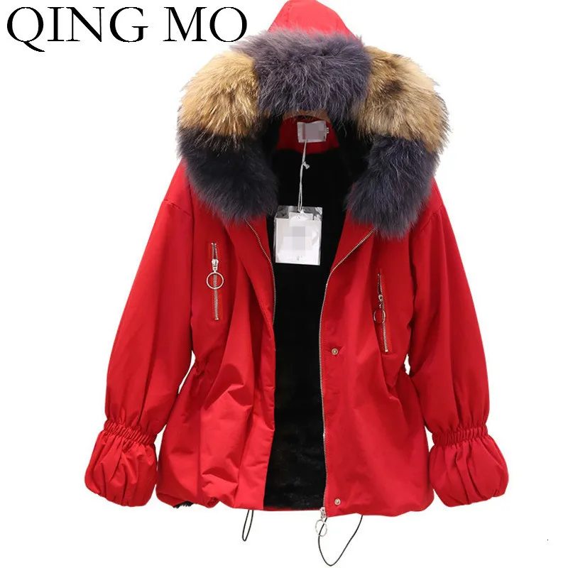 Женские парки с капюшоном QING MO черные хаки абрикосовые красные регулируемой