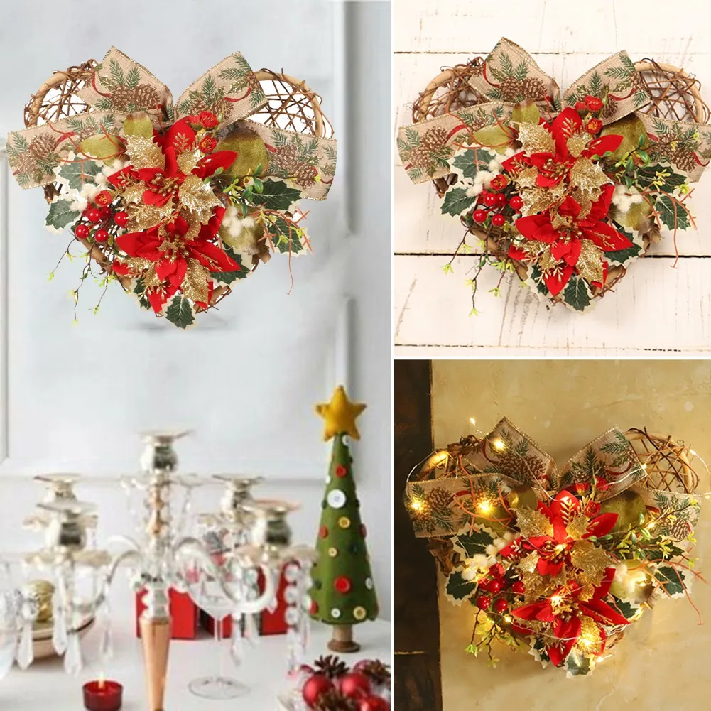 

1pc Xmas Door Wreath Christmas Flower Heart Shape Ribbon Berry Wreath Front Door Home Decor For Indoor/wedding/party Decoration