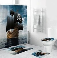 3D Ocean Mysterious Pirate Ship Shower Curtains with Hooks Bathroom Curtain Sets Non-Slip Rugs Toilet Lid Cover Mat Carpet Set