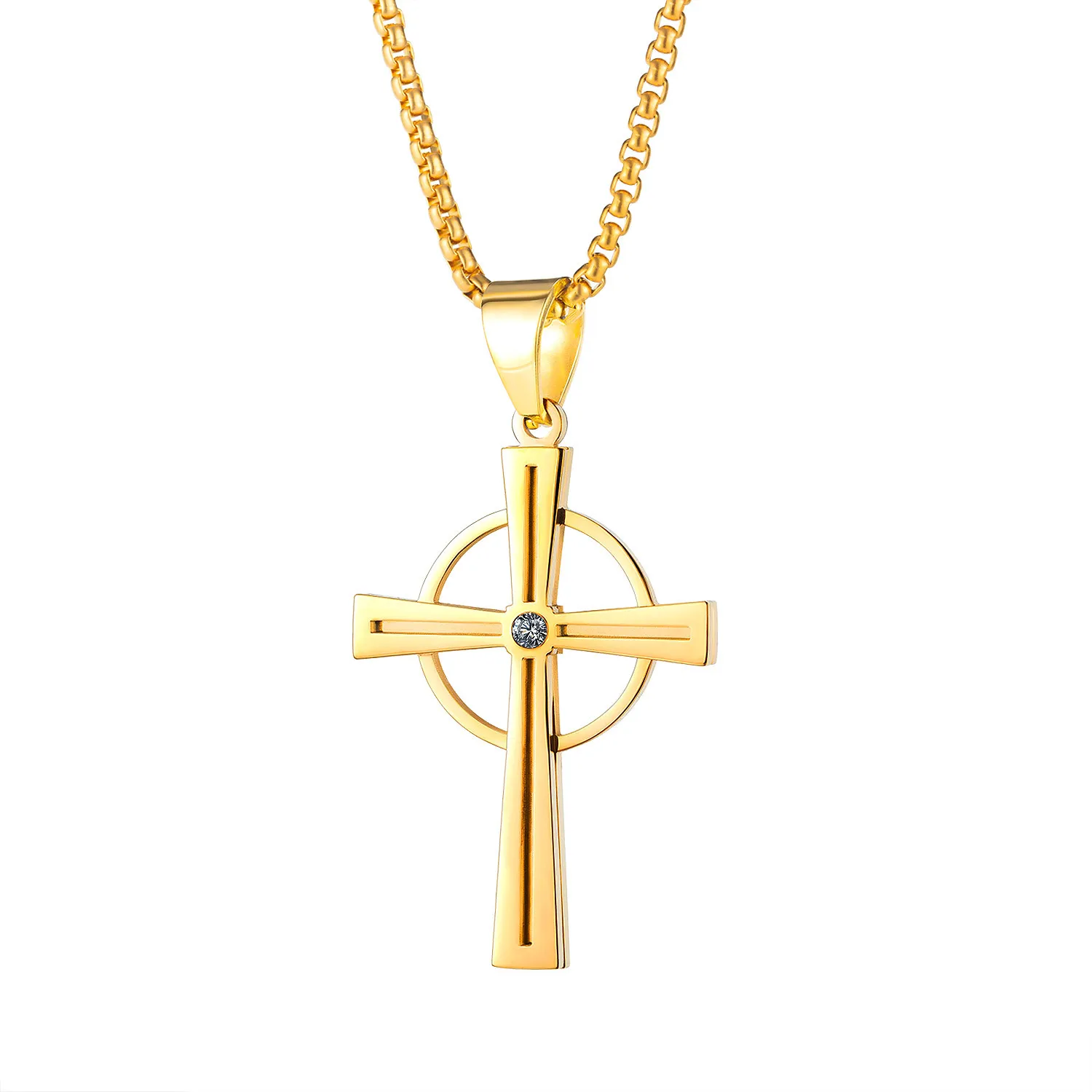 

New Circle Cross Pendant Necklaces for Men Him Stainless Steel Chain with 24inch Religious Jewelry