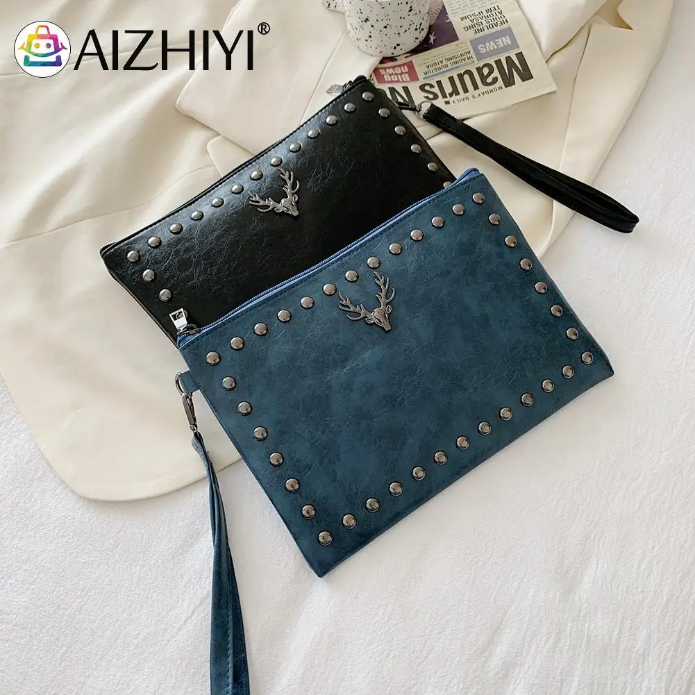 

Women PU Leather Envelope Bag Rivet Solid Color Envelope Bag Ladies Vintage Day Clutch Pouch Handbags for Ladies Gift