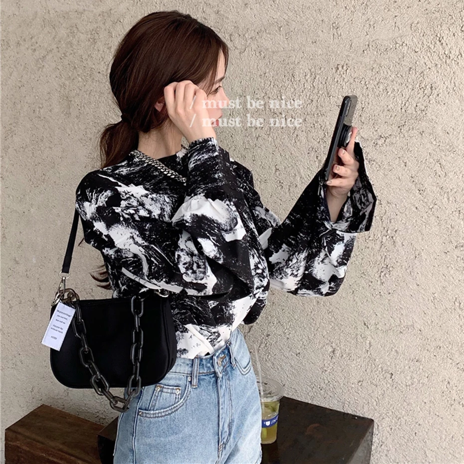 

Ink Print Blouse Women Korean Style Shirt Loose Retro Round Neck Long Sleeve Top Autumn Spring Blusa Mujer Casual Pullover Shirt