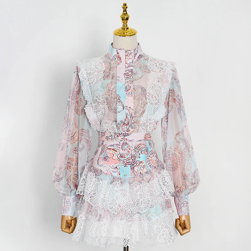 Collar Long Sleeve Shirt Sweet Patchwork Lace Set For Women Stand High Waist Skirt Print Sets Female Fashion New