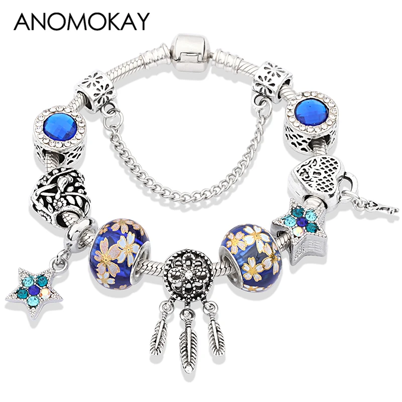 Silver Color Dream Catcher Charm Bracelet with Heart Key Dark Blue Crystal Bead Bracelet Pentagram Bracelet Men Homme Pulsera
