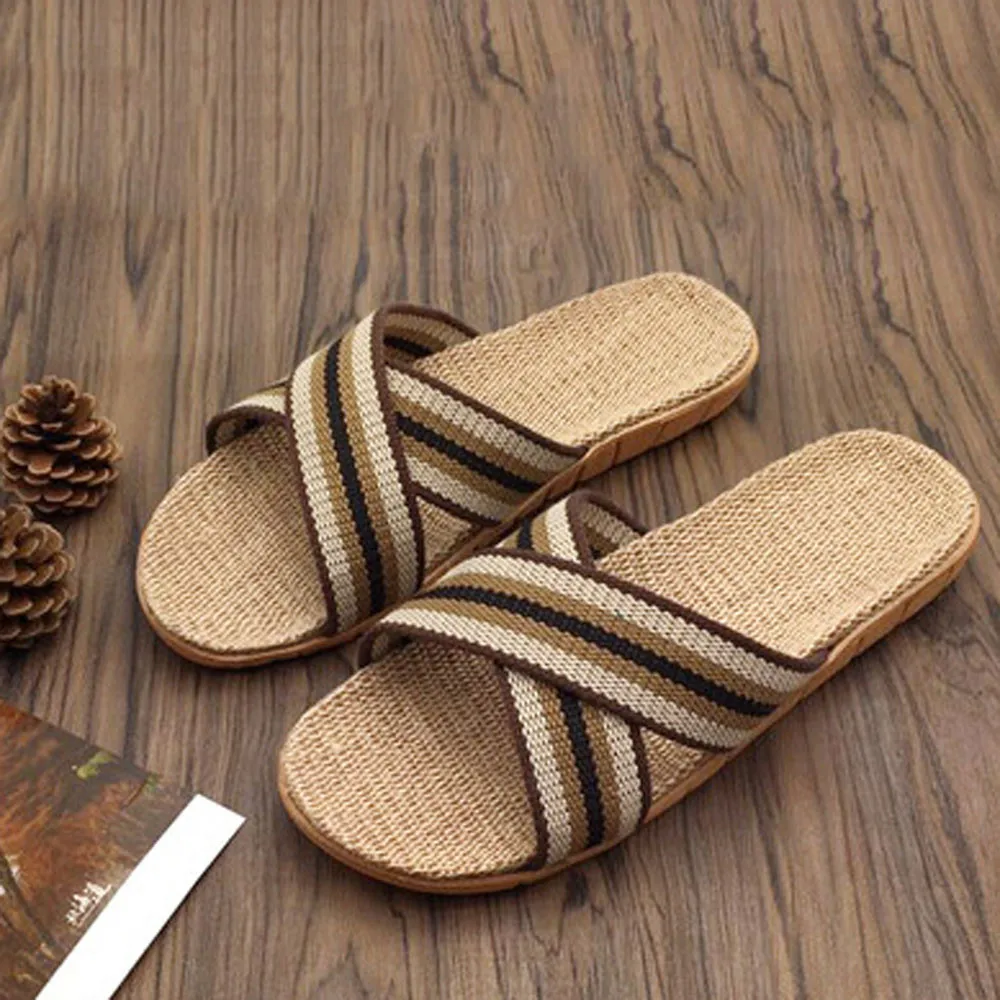 Женские и мужские Нескользящие льняные домашние летние туфли на плоской подошве