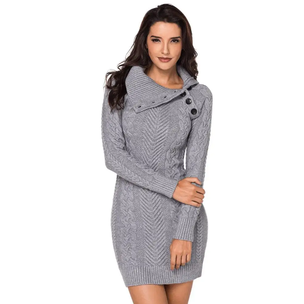 

New Women'S Solid Color Lapel Long-Sleeved Ribbed Knitted Sweater Dress Fashionable Daily Commuting Wear LC27864