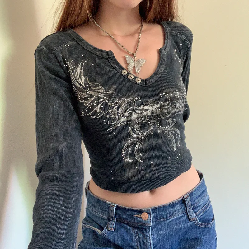 

Y2K Long Sleeve Crop Tops Vintage Graphic Print Casual Brown T Shirt 2021 Autumn O Neck Black Fairy Women Top Shirts