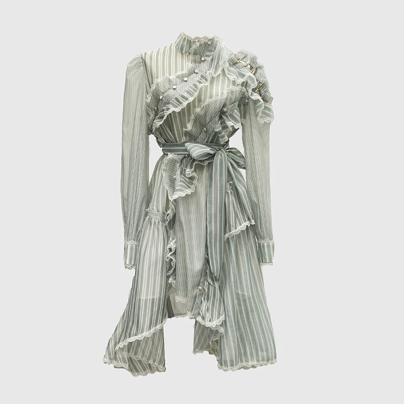 Женское асимметричное платье в полоску дизайнерское подиумное с длинным рукавом