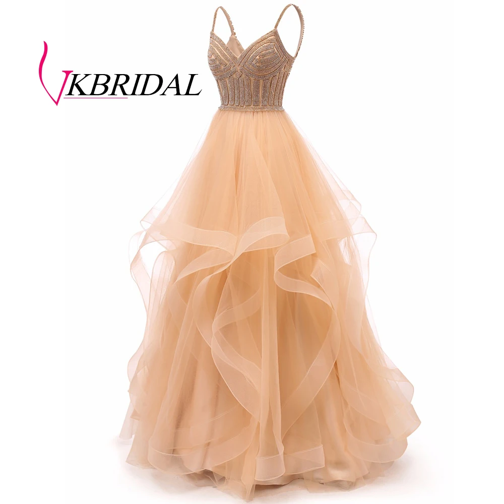 Vkbridal цвета шампанского золото Многоуровневое Тюлевое вечернее платье Длинные бальные платья кристаллы на шнуровке длинное формальное выпускное платье ремни