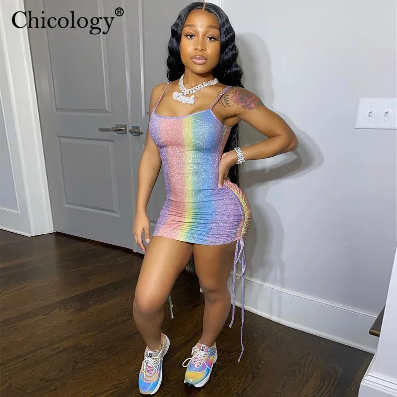 Chicology shinning rainbow bangdage fashion mini dress sleeveless spaghetti strap women 2020 summer outfits sexy bodycon clothes | Женская