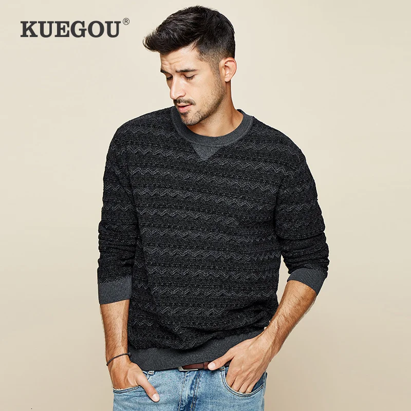 KUEGOU 2019 Autumn Cotton Stripe Black Sweater Men Pullover Casual Jumper For Male Wear Brand Knitted Korean Style Clothes 12673 | Мужская