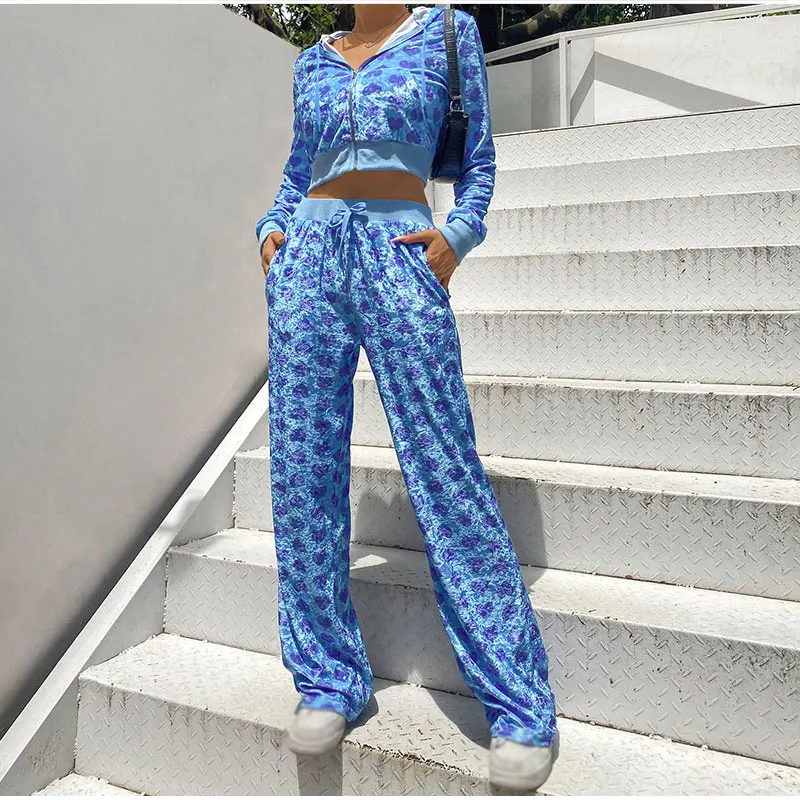 

Y2k Pink Heart Print Velvet 2 Piece Set Street Zipper Up Hooded Cropped Sweatshirt+drawstring Waist Pants Hip Hop Matching Set