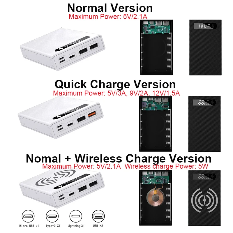 5*18650 чехол для внешнего аккумулятора с двумя USB-портами быстрое и беспроводное