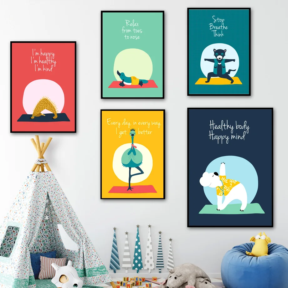 

Polar Bear Ostrich Illustration Wall Art Canvas Painting Nordic Posters And Prints Animal Yoga Wall Pictures For Kids Room Decor