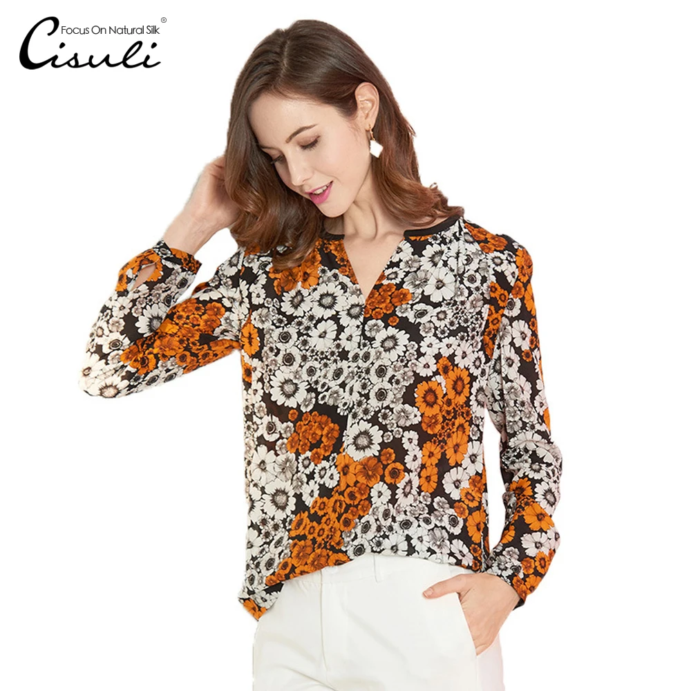 

CISULI Silk Shirt Women New Desigual Floral Printing Women's Blouse/Shirt Boho Long Sleeve Camisa