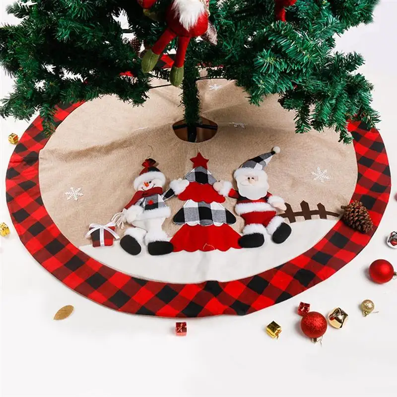 

1PC Christmas Tree Skirt with Santa Snowman Red and Black Plaid Tree Skirt Tree Base Cover Mat Gift for Friends and Family