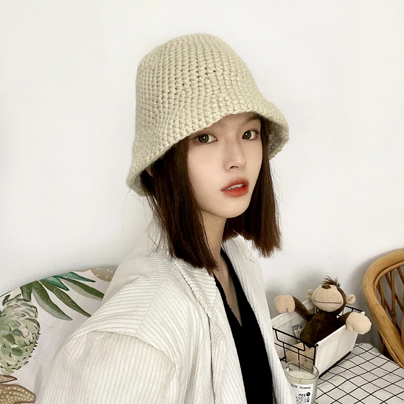 H3586 Women Knitted Fisherman Hat Female Autumn Winter Solid Color Korean Fashion Simple Warm Bucket Cap Japanese Basin Hats