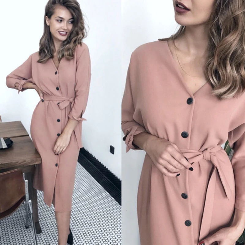 Women Sexy V Neck Sashes Button Dress Ladies Long Sleeve Party Midi Autumn Winter Casual Loose Elegant Dresses YL37 | Женская одежда