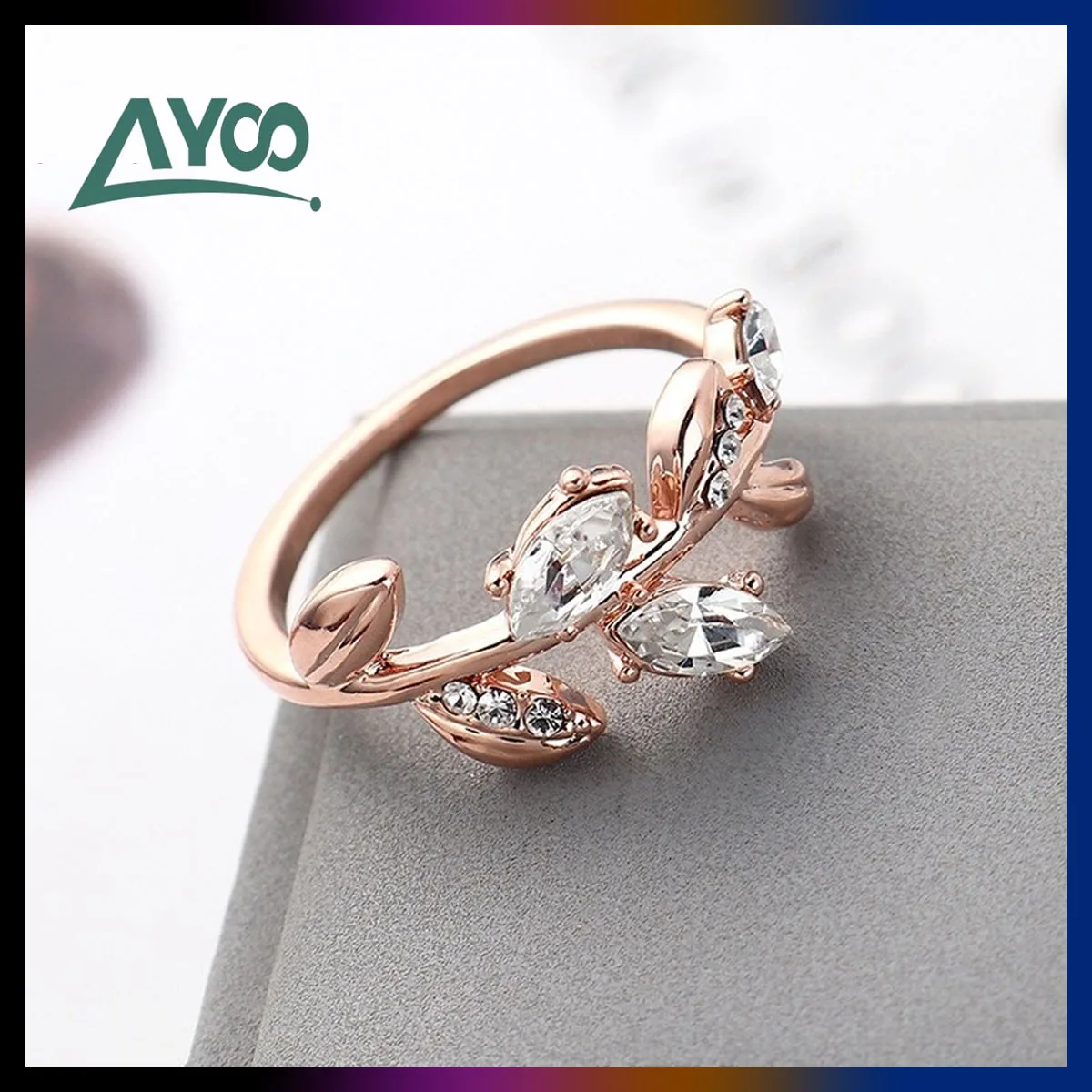 

High Quality SWA Fashion Charming Temperament Simple Shiny Crystal Plant Leaf Charm Women's Ring Girlfriend Gift